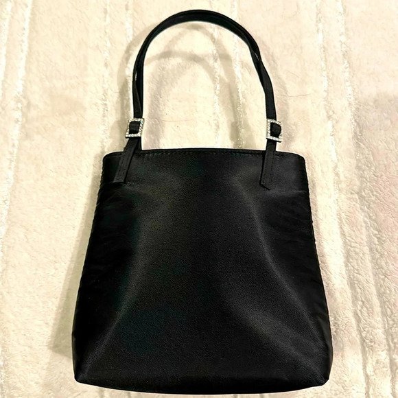 Small Black satin evening bag with rhinestone buckles and zip closure. - Picture 1 of 5